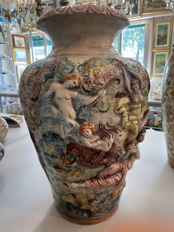 Vaso Grande Basso Rilievo Colorato Alberi Scena Greca - immagine 3
