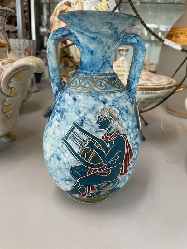 Vaso Ceramica Marmorizz Azzurro Stampe Greche