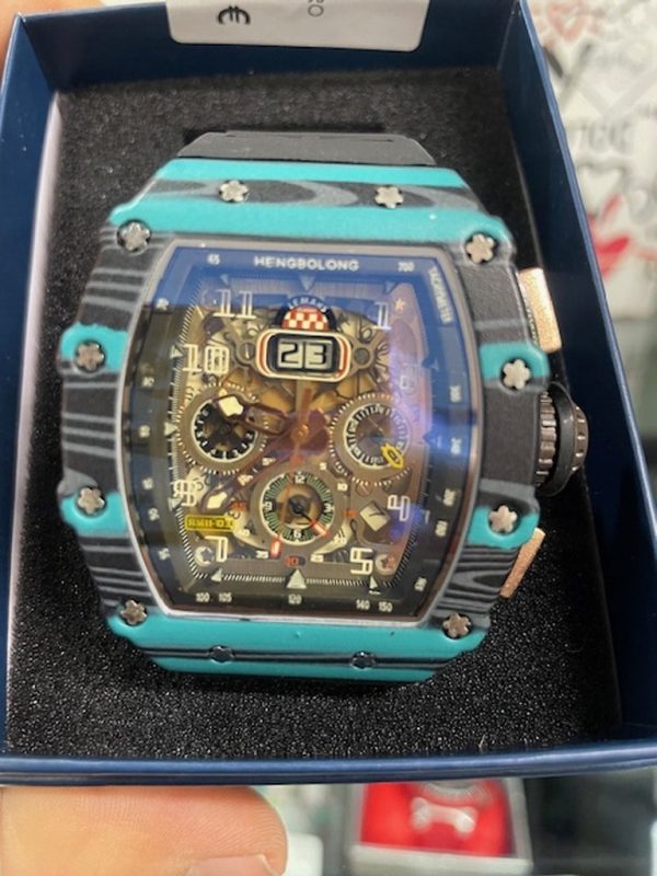 Orologio Cinturino In Gomma Nero Quadrante Verde Ingranaggi Visibili Lemans