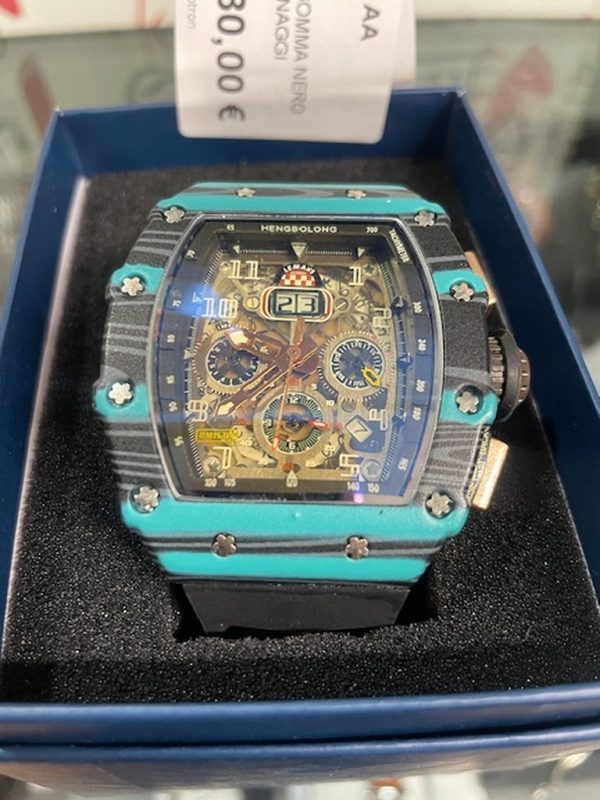 Orologio Cinturino In Gomma Nero Quadrante Verde Ingranaggi Visibili Lemans - immagine 2